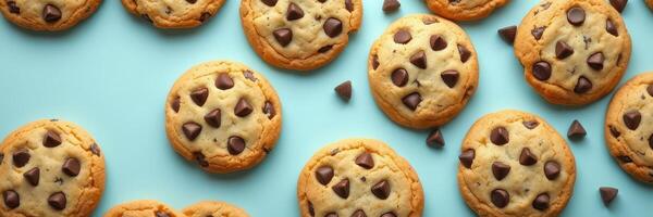Delicious chocolate chip cookies arranged on a vibrant surface with scattered chocolate chips photo