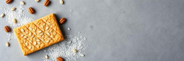 Delicious dessert with crunchy texture and nutty flavor placed on a gray surface surrounded by scattered nuts and grains photo