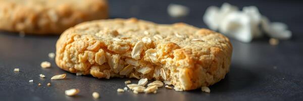 Freshly baked oatmeal cookie with a bite taken out, showcasing its chewy texture and rustic appearance photo
