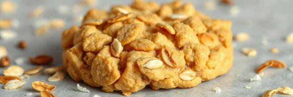 Deliciously baked oatmeal cookie with crunchy texture and scattered oat flakes on a neutral background photo