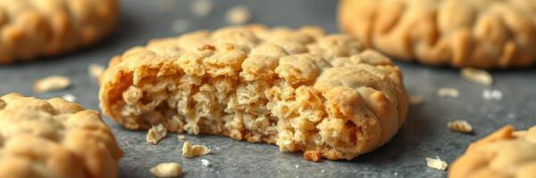 Cookies with oats and a bite taken out sit on a gray surface with crumbs scattered around them photo