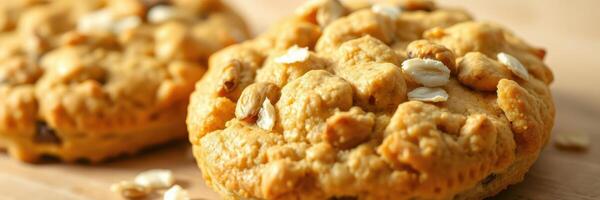 Delicious homemade oatmeal cookies with a golden brown finish and visible oats freshly baked in the kitchen photo