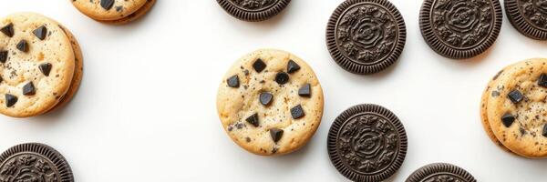 Cookies and cream delights with chocolate chip and sandwich cookies on a white surface photo