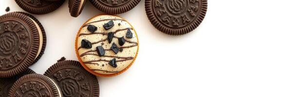 Cookies arranged on a white surface showcasing a unique treat with chocolate drizzle and chips photo