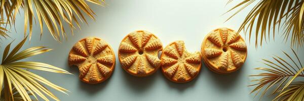 Unique tropical cookies arranged on a light surface surrounded by palm leaves in a bright setting photo