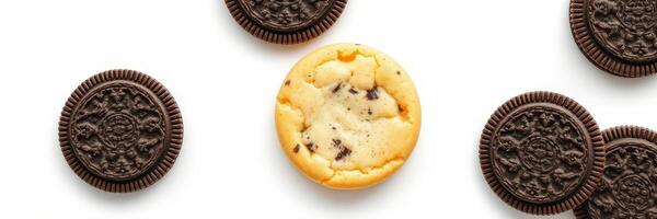 Delicious cookie collage featuring chocolate sandwich cookies and a unique cookie surrounded by them photo