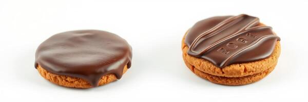 Delicious chocolate-coated cookies presented on a white plate showcasing their textures and colors photo