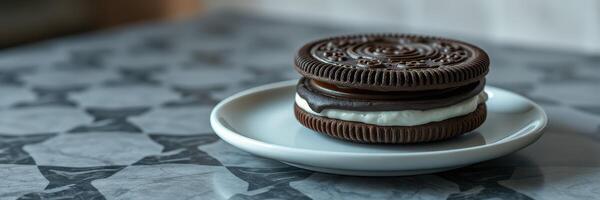 Delicious cookies stacked on a white plate with a marble background photo