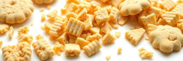 Crunchy cheese crackers scattered on a white surface create a delicious snack scene ideal for any gathering or movie night photo
