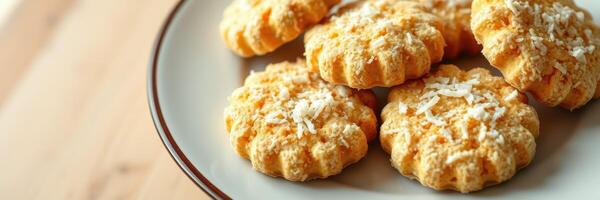 Freshly baked cookies served on a plate with a touch of coconut topping at a cozy kitchen in the afternoon photo