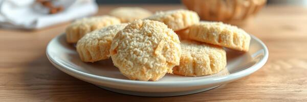 Cookies arranged on a plate in a cozy kitchen setting with warm natural lighting photo
