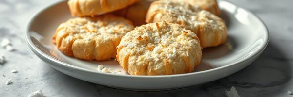 Freshly baked coconut cookies served on a white plate ready to be enjoyed with a cup of tea photo