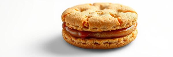 Delicious cookie sandwich filled with creamy caramel and peanut butter in a minimalist setting photo