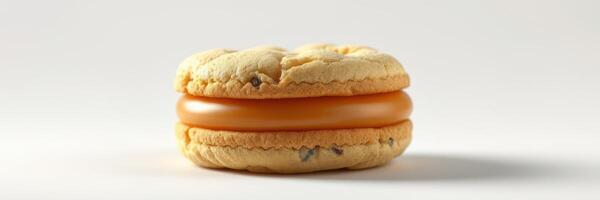 Soft cookie sandwich with caramel filling placed on a neutral background, showcasing a delightful dessert option photo