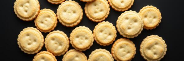 Delicious round cookies with smiling faces arranged on a dark background ready for a snack or dessert photo