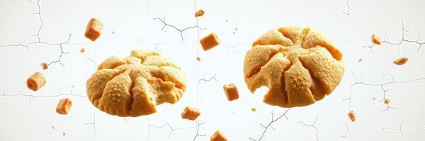 Delightful freshly baked cookies exploding with texture floating against a cracked white background photo