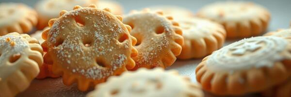 Delicious cookies with intricate designs sprinkled with sugar on a kitchen countertop photo