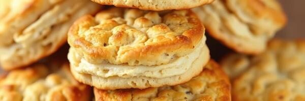 Freshly baked fluffy biscuits stacked high with a golden crust showcasing their delightful texture and taste photo