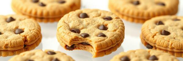 Delicious chocolate chip cookies arranged beautifully with one cookie having a bite taken out photo