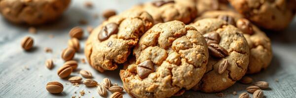 Delicious homemade cookies with coffee beans and oats on a rustic wooden surface photo
