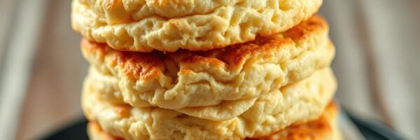 Freshly made fluffy biscuits stacked high on a plate, showcasing their golden brown tops and soft texture photo