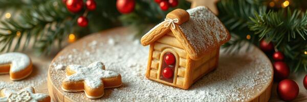 Gingerbread house decorated with icing and red candies on a wooden tray during the festive season photo