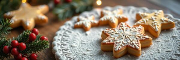 Decorated holiday cookies arranged on a textured plate with festive greenery in the background during winter season photo