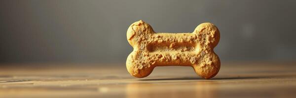 Dog treat shaped like a bone sits on a wooden surface in warm lighting, highlighting its crunchy texture and color photo