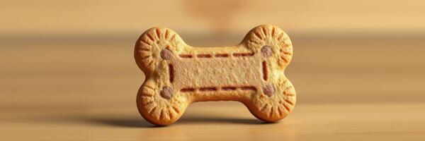 Delightful bone-shaped biscuit for pets on a wooden surface, showcasing a warm and inviting treat photo
