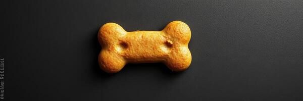Dog biscuit shaped like a bone resting on a dark surface, showcasing its texture and color during a close-up view photo
