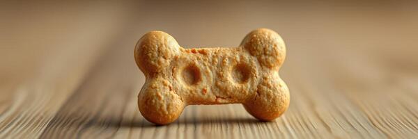 Dog treat shaped like a bone sits on a wooden surface in natural light during the daytime photo