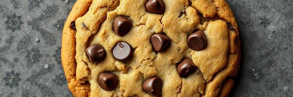 Freshly baked chocolate chip cookie on a gray surface, ready to be enjoyed with a glass of milk photo