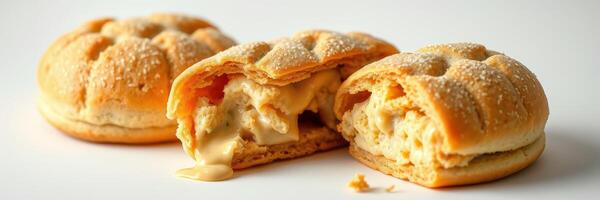 Delicious cream-filled pastries displayed on a white background showcasing their golden-brown crust and smooth filling photo