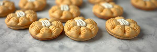 Deliciously crafted cookies with intricate designs arranged on a marble surface during a baking event photo