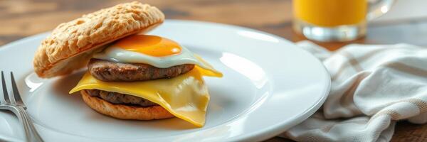 Delicious breakfast sandwich with egg, cheese, and sausage served with a refreshing beverage photo