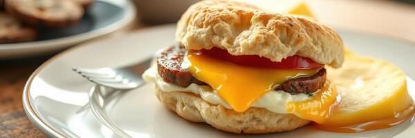 Breakfast sandwich with egg, cheese, and tomato served on a biscuit with a side of fruit at a cozy table photo