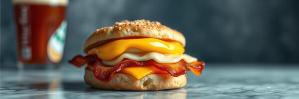 Enjoying a delicious breakfast sandwich with bacon, egg, and cheese on a sesame seed bun alongside a refreshing drink photo