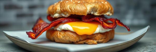 Delicious breakfast sandwich featuring crispy bacon and a runny fried egg served on a flaky croissant photo