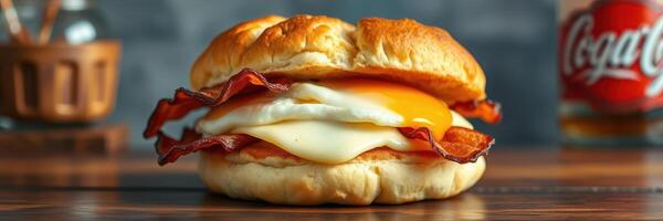 Breakfast sandwich with egg, cheese, and bacon on a wooden table with a beverage in the background photo