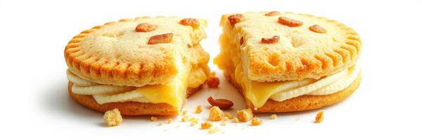 Delicious cookie dessert filled with cream and fruit preserves offers a tempting treat photo