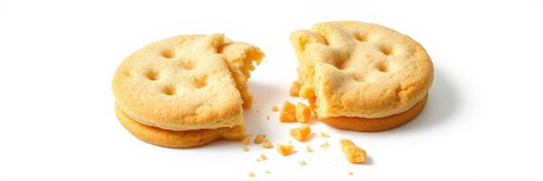 Delicious cream-filled cookies break apart with crumbs falling on a clean surface photo