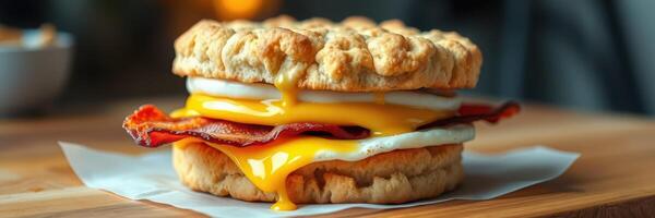 Delicious breakfast sandwich with bacon, eggs, and cheese on a wooden table photo