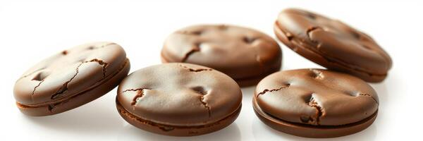 Chocolate cookies arranged neatly on a white surface, showcasing their cracked texture and rich color photo