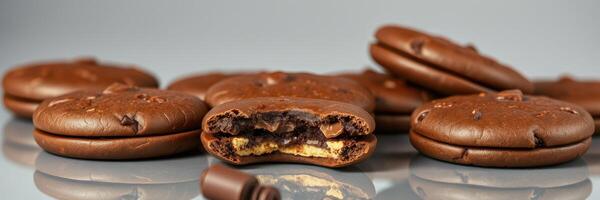 Delicious chocolate cookies with creamy filling and chocolate chips on a smooth surface photo