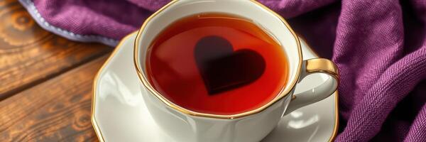 Heart shaped pattern in tea cup with purple cloth on rustic wooden table photo