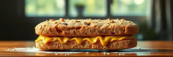 Unique dessert sandwich featuring creamy filling on a cookie-like base placed on a wooden table indoors photo