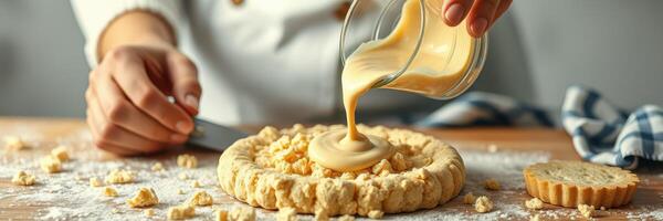 Baker pouring custard into an unbaked pie crust in a cozy kitchen setting during the day photo