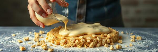 Baker pouring creamy filling over freshly baked dessert with scattered ingredients in a cozy kitchen setting photo