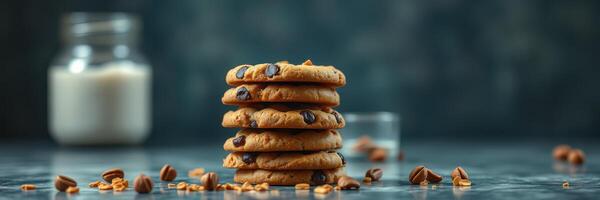 Freshly baked chocolate chip cookies stacked on a countertop with a glass of milk in the background photo