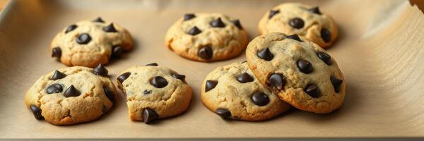 Freshly baked chocolate chip cookies on a parchment-lined tray cooling in the kitchen photo